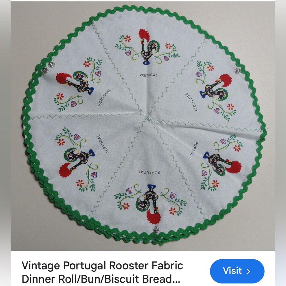 Vintage Portugal Rooster Fabric Dinner Roll Bun Biscuit Bread Cozy Holder Liner